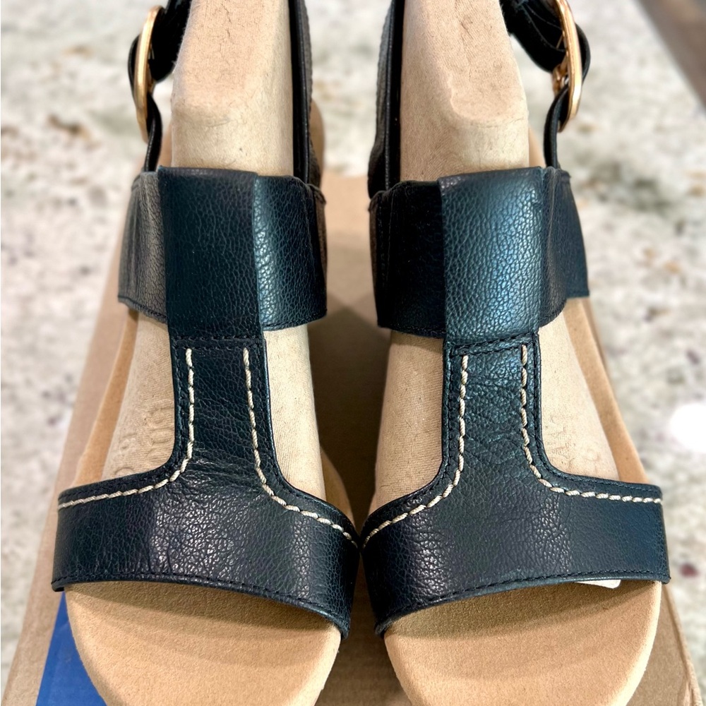 Clarks Collection Black Leather Cork Wedges "NEW" - Picture 11 of 16